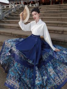 Spring Chinese Style Phoenix Print Ming Dynasty Elegant Blue Horse-Face Skirt, Suitable For Chinese New Year, Casual, Street, Commute, Home Wear, Can Be Worn As Hanfu Bottom Vacation - Blue - View 3