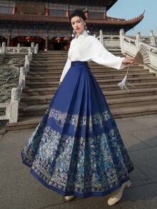 Spring Chinese Style Phoenix Print Ming Dynasty Elegant Blue Horse-Face Skirt, Suitable For Chinese New Year, Casual, Street, Commute, Home Wear, Can Be Worn As Hanfu Bottom Vacation - Blue - View 4
