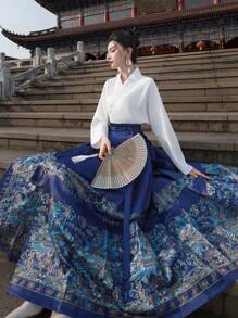 Spring Chinese Style Phoenix Print Ming Dynasty Elegant Blue Horse-Face Skirt, Suitable For Chinese New Year, Casual, Street, Commute, Home Wear, Can Be Worn As Hanfu Bottom Vacation - Blue - View 7