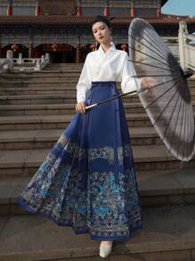Spring Chinese Style Phoenix Print Ming Dynasty Elegant Blue Horse-Face Skirt, Suitable For Chinese New Year, Casual, Street, Commute, Home Wear, Can Be Worn As Hanfu Bottom Vacation - Blue - View 5