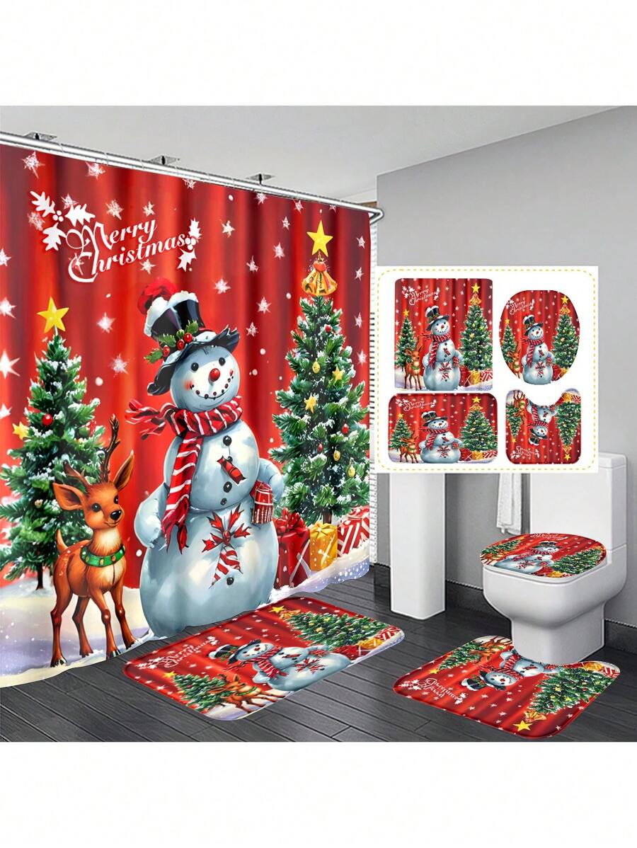 1 件/4 件圣诞雪人礼物图案浴室套装、带 12 个挂钩的防水浴帘、浴室垫、U 型马桶盖、浴室装饰秋季装饰 - 彩色 - 查看 1