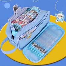 1 件多层收纳袋铅笔盒大容量可爱卡通多功能布艺文具盒配件适合学生女孩旅行完美礼物 - 粉色 - 查看 3