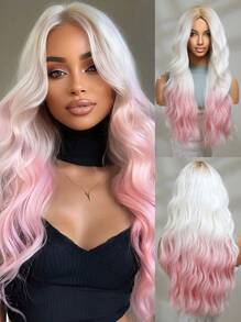 26 Inch White To Pink Long Curly Wavy Synthetic Wig Beginners Friendly Elegant Natural Looking For Cospaly,Festival,Daily, Use Women Wavy Layered Wig Hairstyles Synthetic Wigs For Girls Carnival Party Cosplay Wig - 彩色 - 查看 1