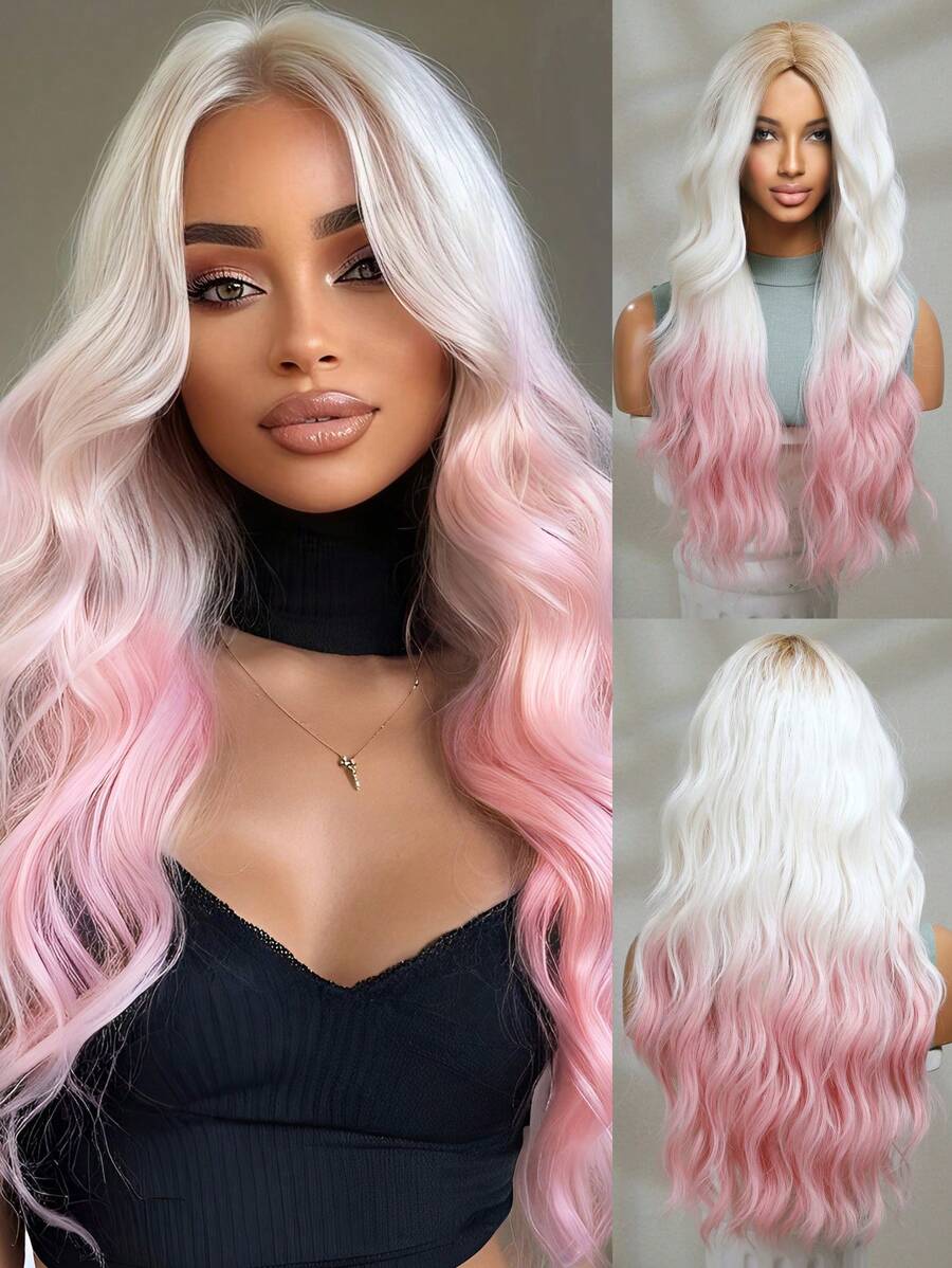 26 Inch White To Pink Long Curly Wavy Synthetic Wig Beginners Friendly Elegant Natural Looking For Cospaly,Festival,Daily, Use Women Wavy Layered Wig Hairstyles Synthetic Wigs For Girls Carnival Party Cosplay Wig - 彩色 - 查看 1