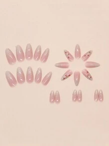 24 款长杏仁形按压指甲渐变桃花假指甲，搭配 1 瓶果冻胶和 1 把指甲锉，华丽的假指甲，适合购物、派对、生日等 - 彩色 - 查看 3