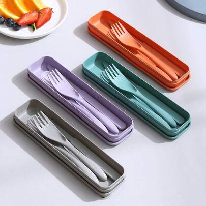 3-In-1 Cutlery Set, Camping Utensils Set With Storage Box, Reusable Spoon, Knife And Fork, Portable Travel Flatware, Plastic Case, Suitable For Travel, Picnic, Camping Or Daily Use, Great For Students, Travel And Kitchen, Essential For Back To School