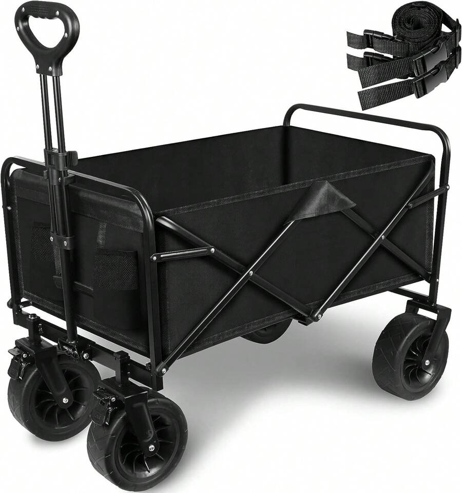 Collapsible Folding Wagon Beach Cart Large Capacity Wagon Cart Heavy Duty Folding Wagon Portable Outdoor Garden Foldable Cart With Wheels & Side Pockets Collapsible Wagon For Camping Sports Shopping Outdoor Decor - Black - View 1