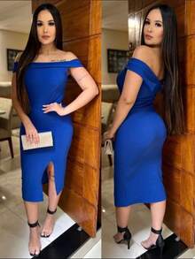 Off Shoulder Midi Sheath Dress With Slit Solid Color Elegant Social Fashion Women - 寶藍色 - 查看 2