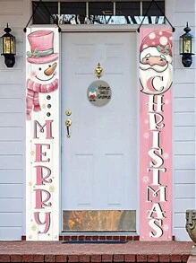 2pcs Merry Christmas Colorful Snowman Santa Claus Decor Door Curtain Holiday Couplet Party Hanging Ornament, Suitable For Festivals, Parties Etc.,Christmas