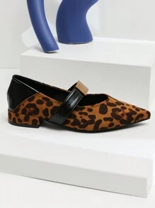 New French Pointed Toe Single Strap Leopard Pattern Velvet Slip-On Casual Flat Shoes For Women