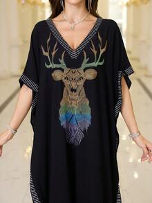 黑色小鹿刺绣阿拉伯连衣裙 V 领女士宽松休闲连衣裙摩洛哥卡夫坦连衣裙 - 黑色 - 查看 3