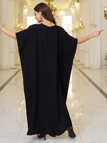 黑色小鹿刺绣阿拉伯连衣裙 V 领女士宽松休闲连衣裙摩洛哥卡夫坦连衣裙 - 黑色 - 查看 2