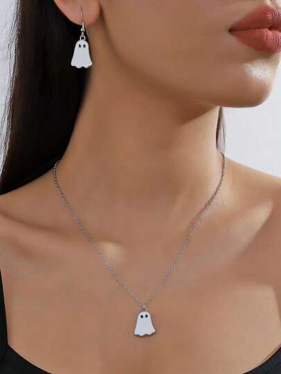 1 Set Cute & Funny Halloween Ghost Earrings & Necklace Set, Playful Necklace Set