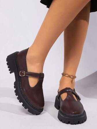 Women's Round Toe Fashion Casual College Style Burgundy Loafers, Thick Sole Elevated Shoes Comfortable For Shopping And Party Wear