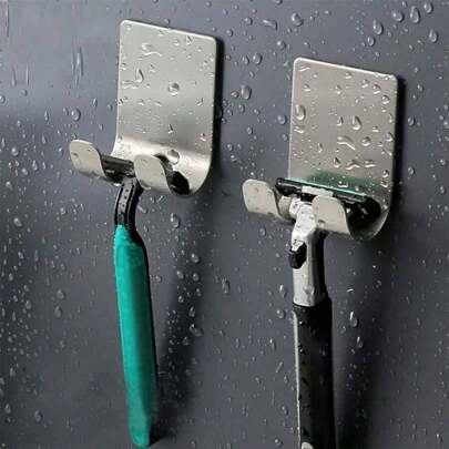 2pcs Stainless Steel Razor Holder For Shower, Razor Holder Hooks, Waterproof Self-Adhesive Shaver Holder, Wall Hooks For Bathroom Kitchen Robe Towel Plug Coat Home Bathroom Decor Bathroom Organizer Fall Decor Back To School