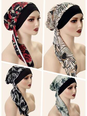 1 Pc Women Fashion Printed Convenient Style Headscarf, Polyester Quilted With Two Decorative Ties, Plaid Pattern, Suitable For All Seasons Valentine's Day Valentines