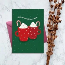 1pc Festive Greeting Cards (Christmas Cards) – Red White Polka Dot Mug & Candy Cane Design – For Xmas Gifting To Fam & Friends