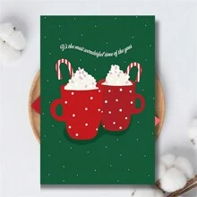 1pc Festive Greeting Cards (Christmas Cards) – Red White Polka Dot Mug & Candy Cane Design – For Xmas Gifting To Fam & Friends