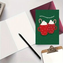 1pc Festive Greeting Cards (Christmas Cards) – Red White Polka Dot Mug & Candy Cane Design – For Xmas Gifting To Fam & Friends