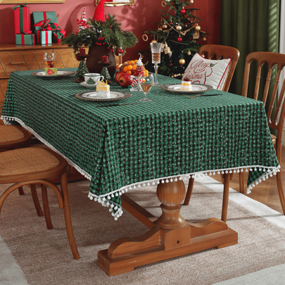 1pc Christmas Jacquard Weave Green Plaid Snowflake Print Table Cloth With Pom Pom Tassel Accents, For Christmas Dinner, Party, Table, Coffee Table, Nightstand Decor