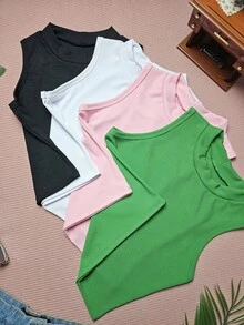KIT4 Women's Blouse Cropped Top Simple Basic Tank Top New Great Knit - bộ4 - Xem 3
