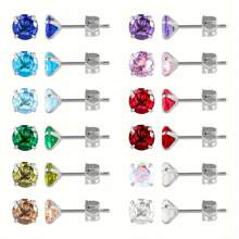 DAILI 12对不锈钢立方氧化锆耳钉，彩色诞生石水钻装饰耳钉，适合女性和女孩，生日礼物，约会之夜和日常佩戴饰品 - 銀色 - 查看 20