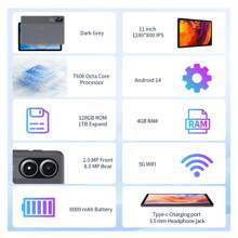 PRITOM TAB15 Lite 11-Zoll Tablet, Android 14 System (T606 Octa-Core 2,0GHz Prozessor/4GB RAM (erweiterbar auf 8GB)/128GB Speicher/5G WLAN/WLAN 6/1280*800 IPS Display/8000mAh Akku/USB-C Anschluss/2MP+8MP Kamera), inklusive Schutzhülle, Tastatur, Maus, Stylus Stift (Netzteil nicht enthalten) - Grau - Übersicht 6