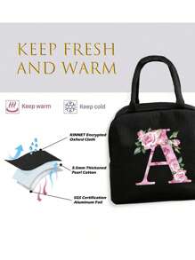Isolierte Lunch Tasche, Kühltasche, Lunchbox, Kältepack, Blumen- und Buchstaben A-Z Muster Leinwand leichte tragbare Lunch Organizer Tasche, geeignet für Schule, Klassenzimmer, Uni, Büro, Camping und Picknick, Schulmaterial, Küchenorganisation, Küchen-Essentials, Lunchbox, Lunch Tasche, Damen Lehrer Picknick Tasche, Reise Kühltasche, Klassenzimmer Kühltasche, Damen Picknick Tasche - Schwarz - Übersicht 5