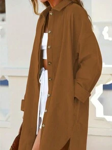 Women's Solid Color Drop Shoulder Long Sleeve Single Breasted Loose Long Casual Shirt, Autumn