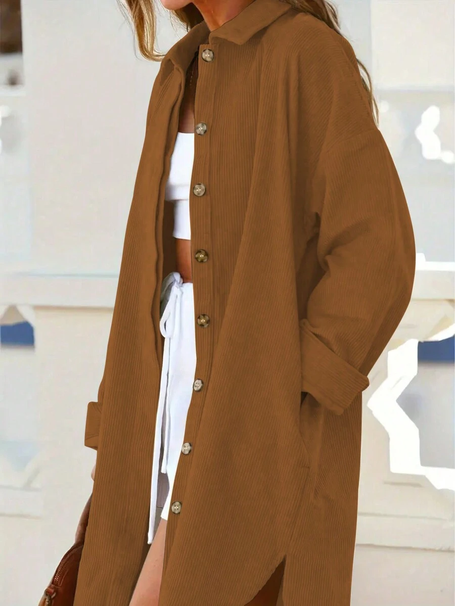 Women's Solid Color Drop Shoulder Long Sleeve Single Breasted Loose Long Casual Shirt, Autumn