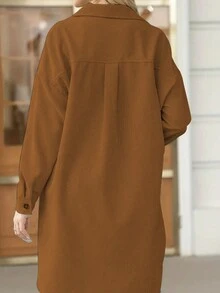 Women's Solid Color Drop Shoulder Long Sleeve Single Breasted Loose Long Casual Shirt, Autumn