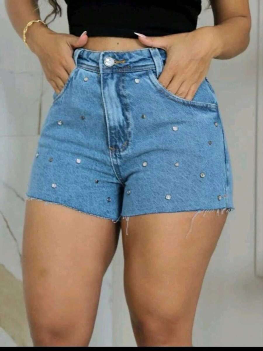 Women's Shiny Jean Shorts With Rhinestones - 中等水洗藍 - 查看 1