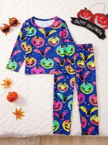 2pcs/Set Halloween Night Glow Bat & Pumpkin Print Long Sleeve T-Shirt + Pants, Casual & Comfy Outfit, Glow Effect Only Appears Under Purple Light - Multicolor - View 2