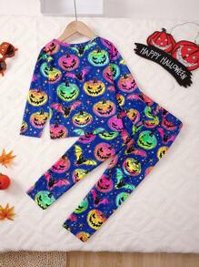 2pcs/Set Halloween Night Glow Bat & Pumpkin Print Long Sleeve T-Shirt + Pants, Casual & Comfy Outfit, Glow Effect Only Appears Under Purple Light - Multicolor - View 3