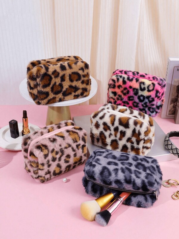 Fluffy Leopard Print Cosmetic Bag, Travel Skincare Organizer, Fluffy Makeup Storage Pouch,Makeup Bag,Make Up Organizer,Makeup Pouch,For Bathroom,For Travel,For College Dorm,For Makeup Tools,Large Capacity,Zipper, School Supplies Travel Essentials Make Up Bag Holiday Essentials Makeup Bags Beauty Fall, Fall Winter Fashionable Cheetah Print Purse For Women
