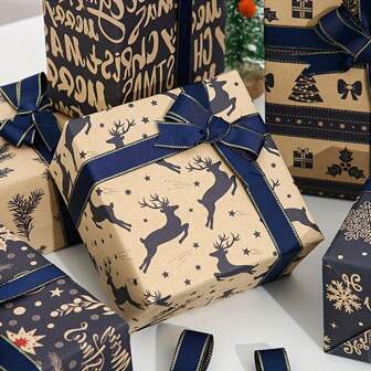 1/6 rulle slumpmässigt vintage julinslagningspapper - kartong med renar och snöflingor, lämplig för födelsedagar, helgdagar och festivaler Presentinslagning, geometrisk design, presentförpackning, Halloween, Halloween-dekoration