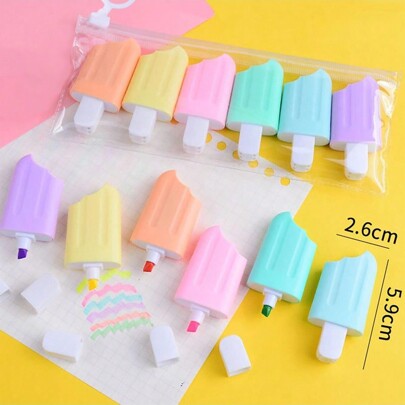 6pcs/Set Cartoon Ice Cream Shaped Highlighter Pens Back To School