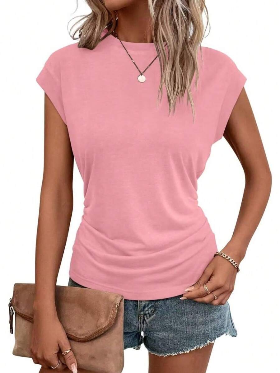 Womens Summer Cap Short Sleeve Tops Dressy Casual Crewneck Ruched T Shirts For Women 2024 Basic Tshirts - 粉色 - 查看 1