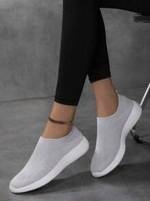 Women's Knit Socks Shoes, Solid Color Breathable Slip-On Shoes, Lightweight & Comfortable For Walking And Running