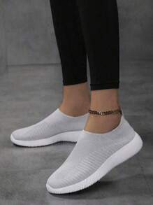 Women's Knit Socks Shoes, Solid Color Breathable Slip-On Shoes, Lightweight & Comfortable For Walking And Running