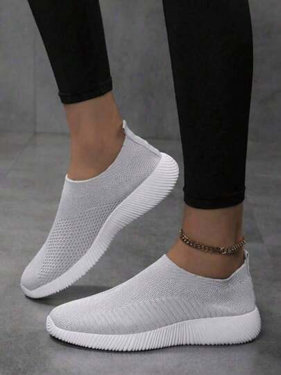Women's Knit Socks Shoes, Solid Color Breathable Slip-On Shoes, Lightweight & Comfortable For Walking And Running