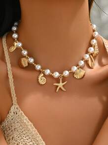 1pc Ocean Style Faux Pearl Beaded Pendant Necklace, Fashionable Women Necklace Suitable For Daily Wear, Beach Vacation And Photo Shoot