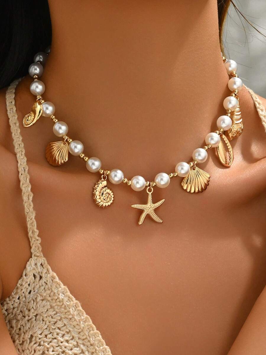 1pc Ocean Style Faux Pearl Beaded Pendant Necklace, Fashionable Women