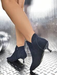Women's Pointed Toe Low Heel Plush Lined Side Zip Ankle Boots - Navy Blue - View 5