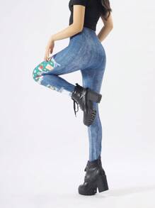 Christmas Print Denim Effect Series, Tight Leggings, Minimalist Style Tights