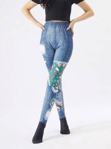 Christmas Print Denim Effect Series, Tight Leggings, Minimalist Style Tights