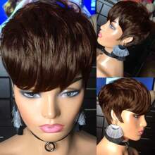 Human Hair Wig Short Bob Pixie Cut Wigs For Women Straight Brazilian Remy Hair Machine Made Wig With Bangs - Màu nâu Sô-cô-la - Xem 3