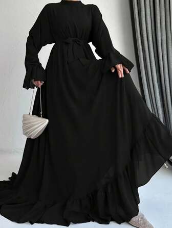 款式 荷叶边下摆 朴素长袖连衣裙