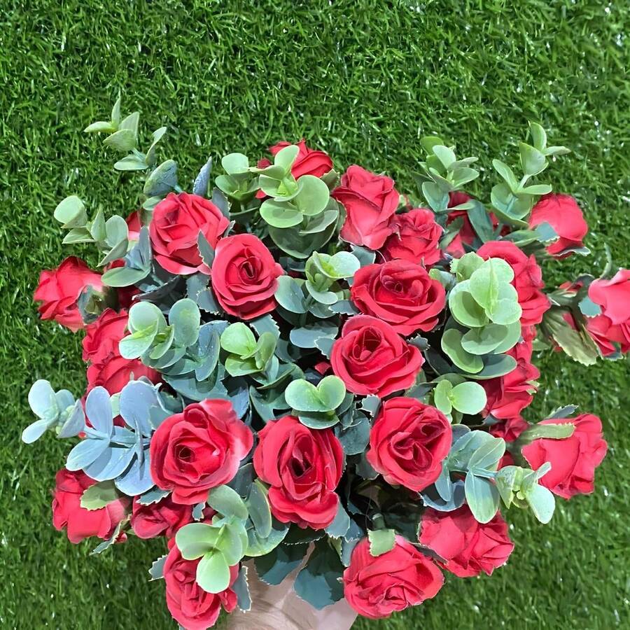 Artificial Rose Bouquet Mini Buds Kit With 4 Stems Leaf - 紅色 - 查看 1