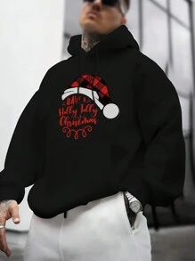 Men Christmas Print Kangaroo Pocket Drawstring Hoodie - Black - View 1
